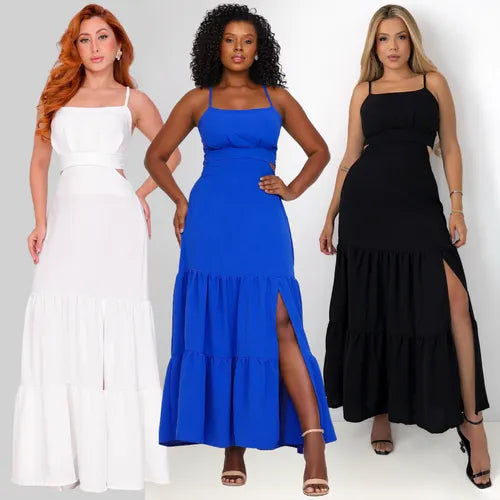 Vestido Longo Feminino Fenda Elegante Elastex Costas